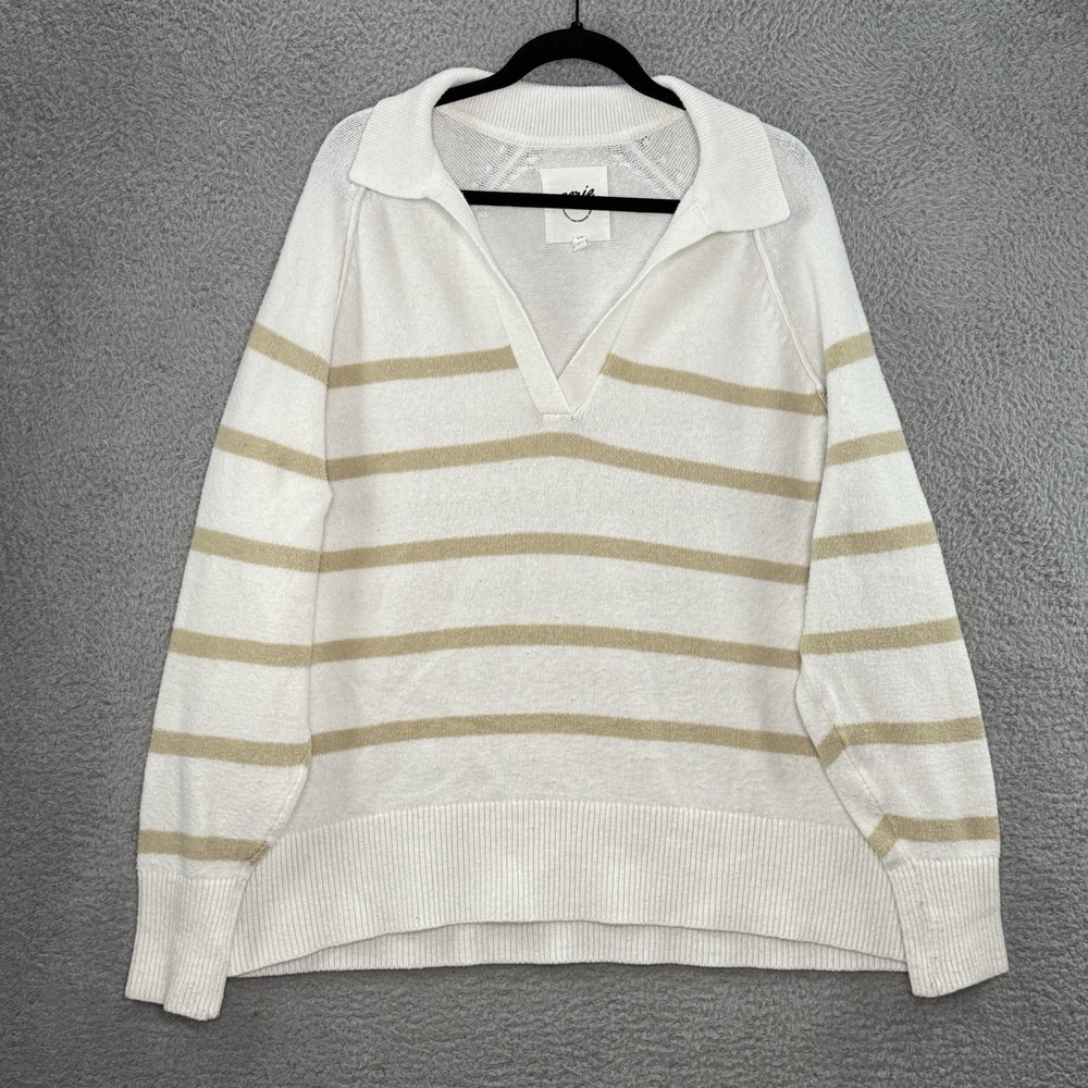 Aerie Striped Oversized Collared Pullover Sweater Ivory Beige Long Sleeve Size L